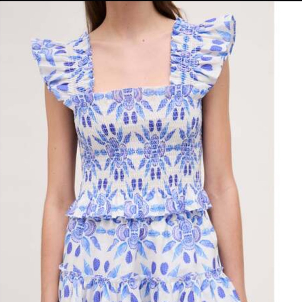 Hill House  The Paz Top  Blue Shell Mosaic Smocked Bodice Peplum NWOT Size Small